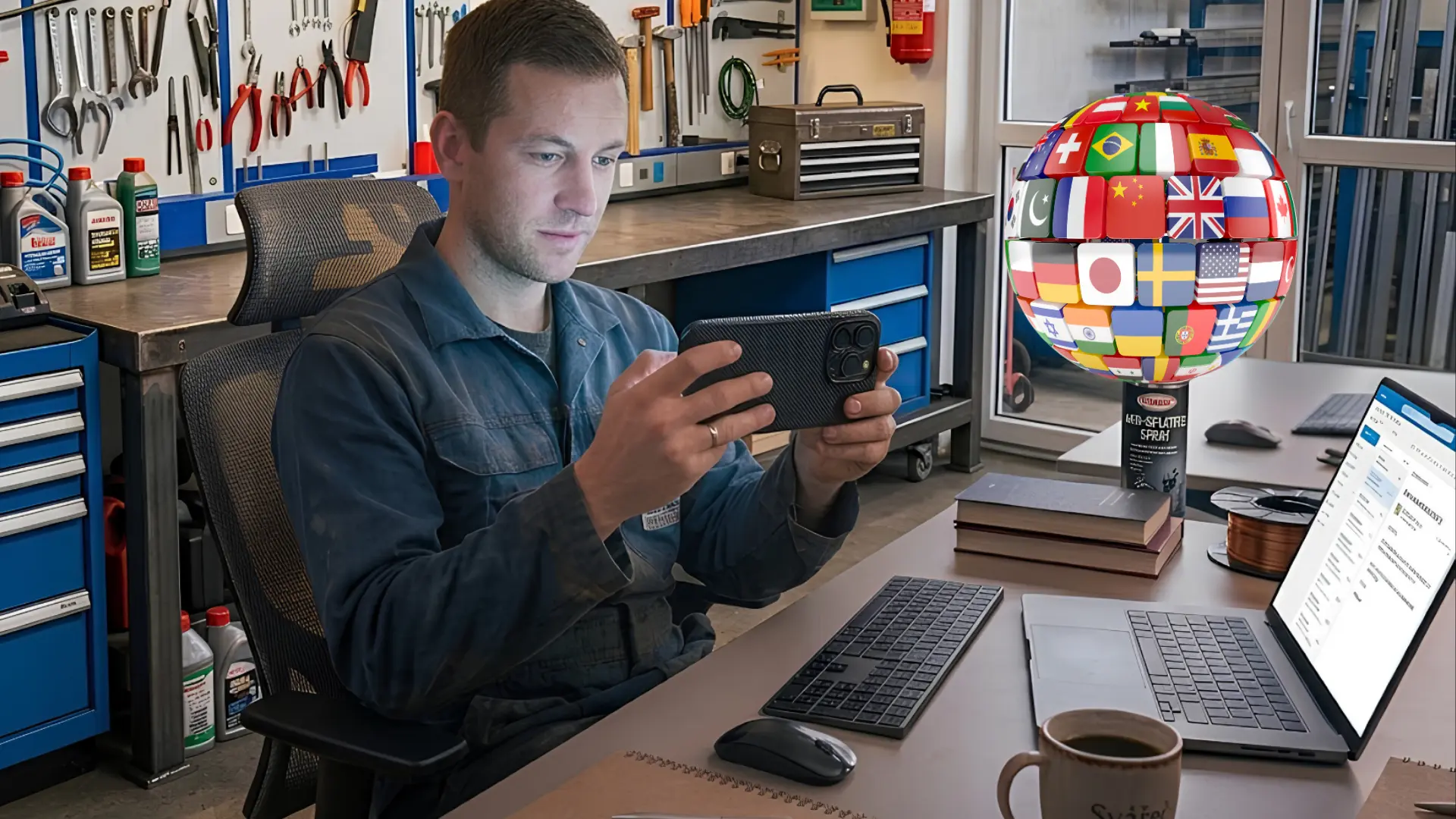 Muž v dílně s mobilem, glóbus z vlaječek