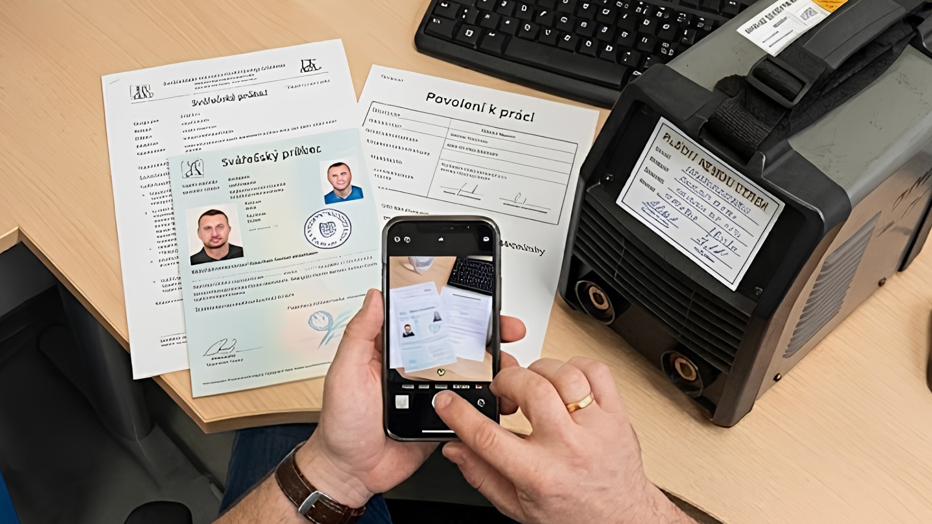 Muž fotí certifikáty mobilem na stole se svářečkou