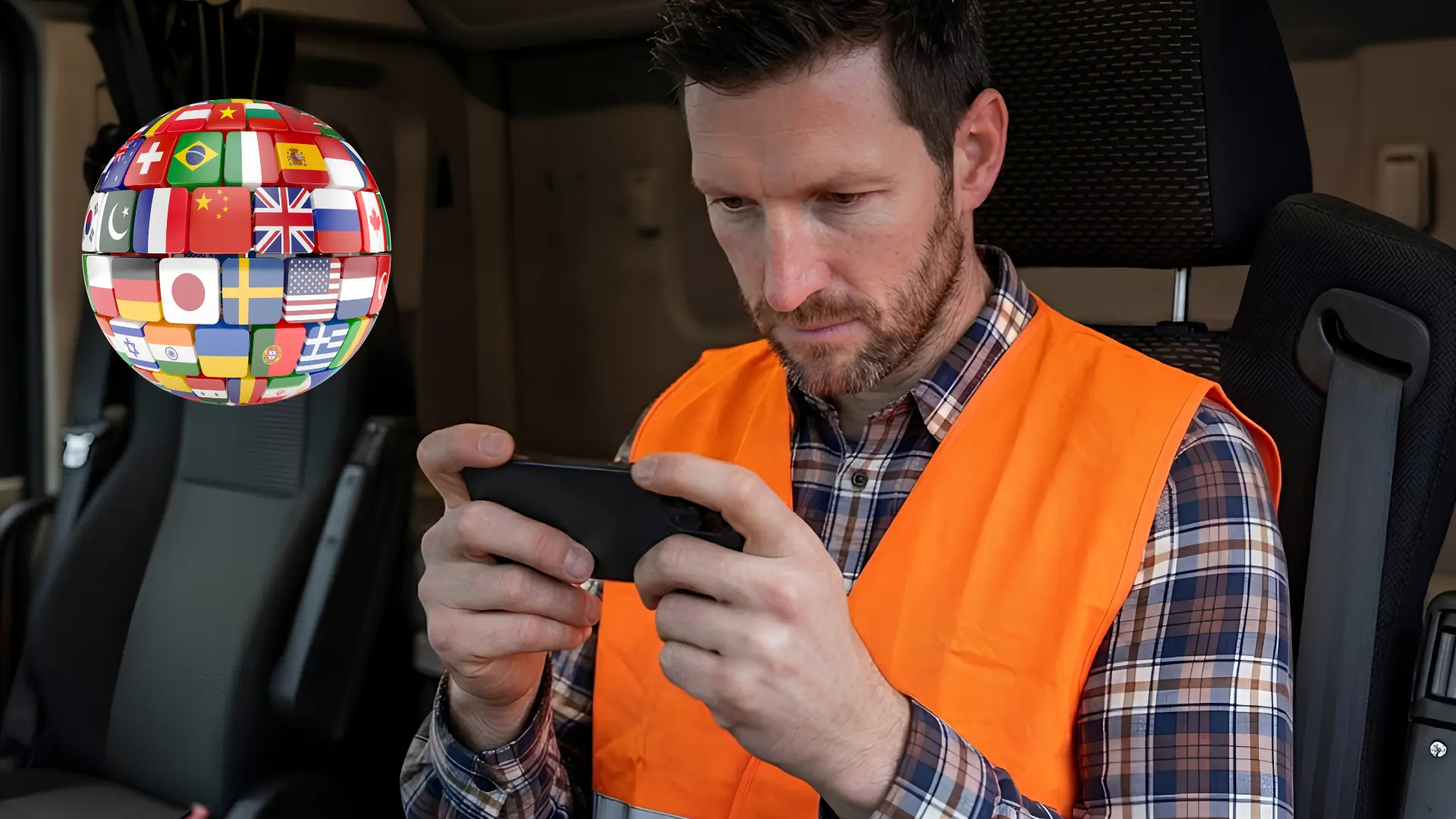 Muž v kabině kamionu s mobilem, glóbus z vlaječek