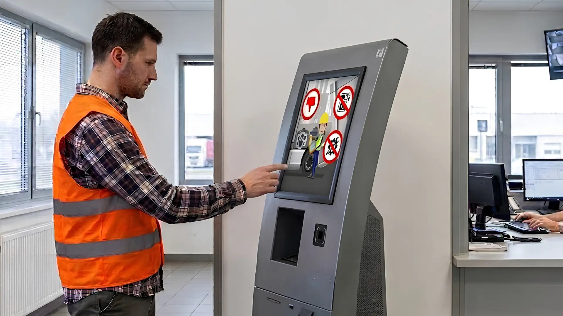 Muž ovládá kiosek s dotykovou obrazovkou u vrátnice