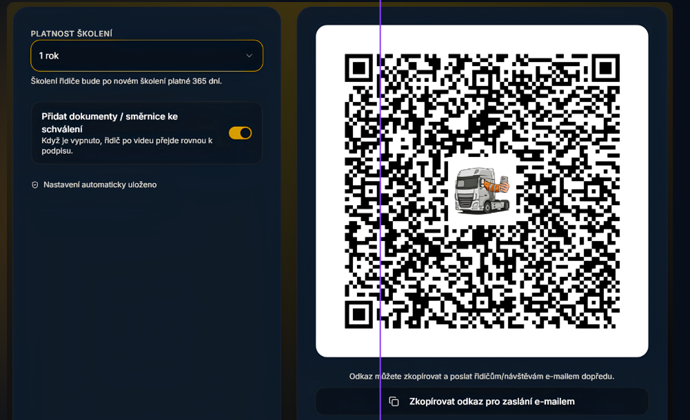 Nastavení platnosti školení a QR kód s odkazem pro řidiče