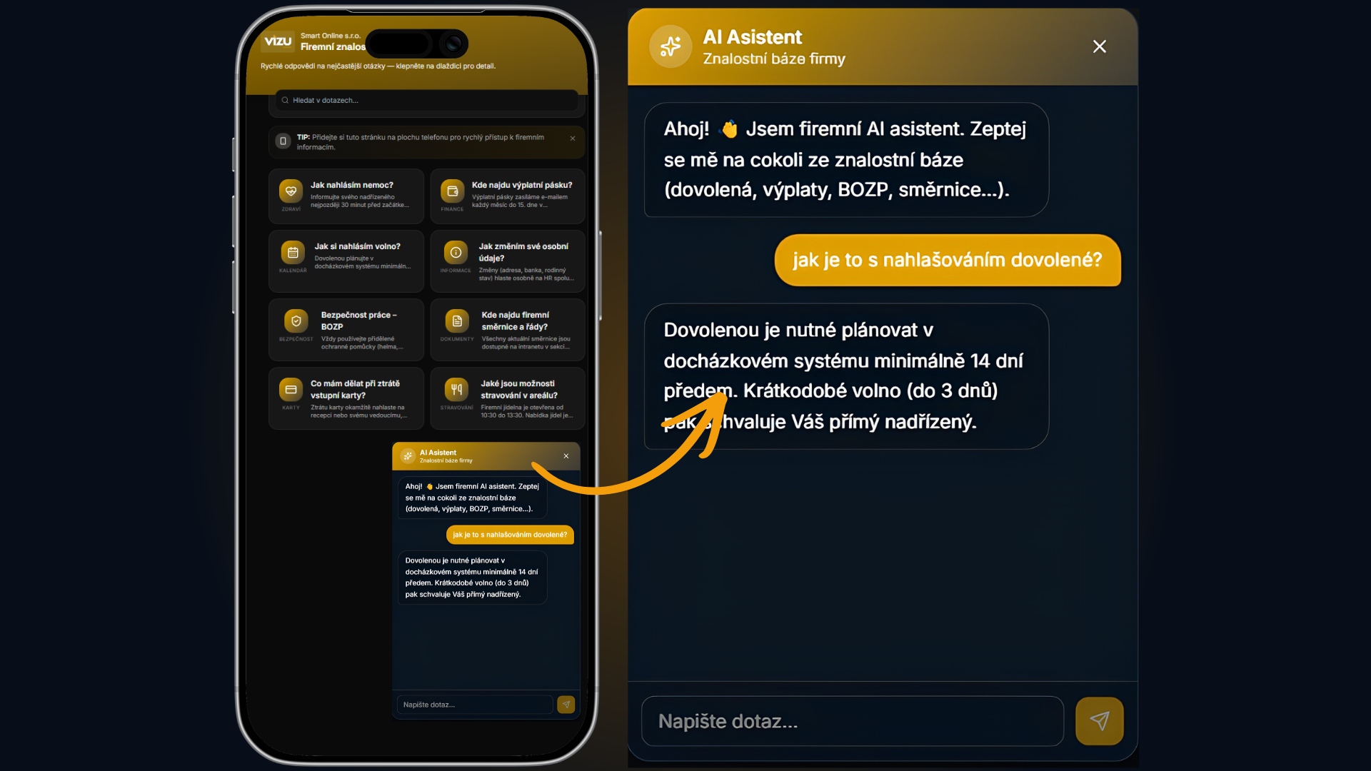 AI asistent znalostní báze odpovídá zaměstnanci na dotaz