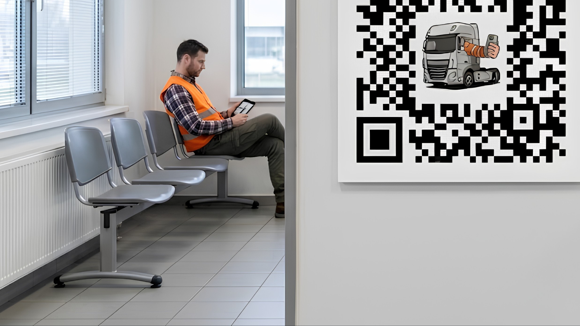Muž na čekacích židlích s tabletem, QR kód na zdi