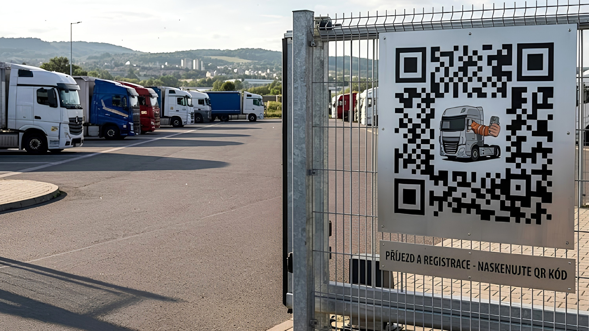 Parkoviště kamionů, QR kód na bráně — příjezd a registrace