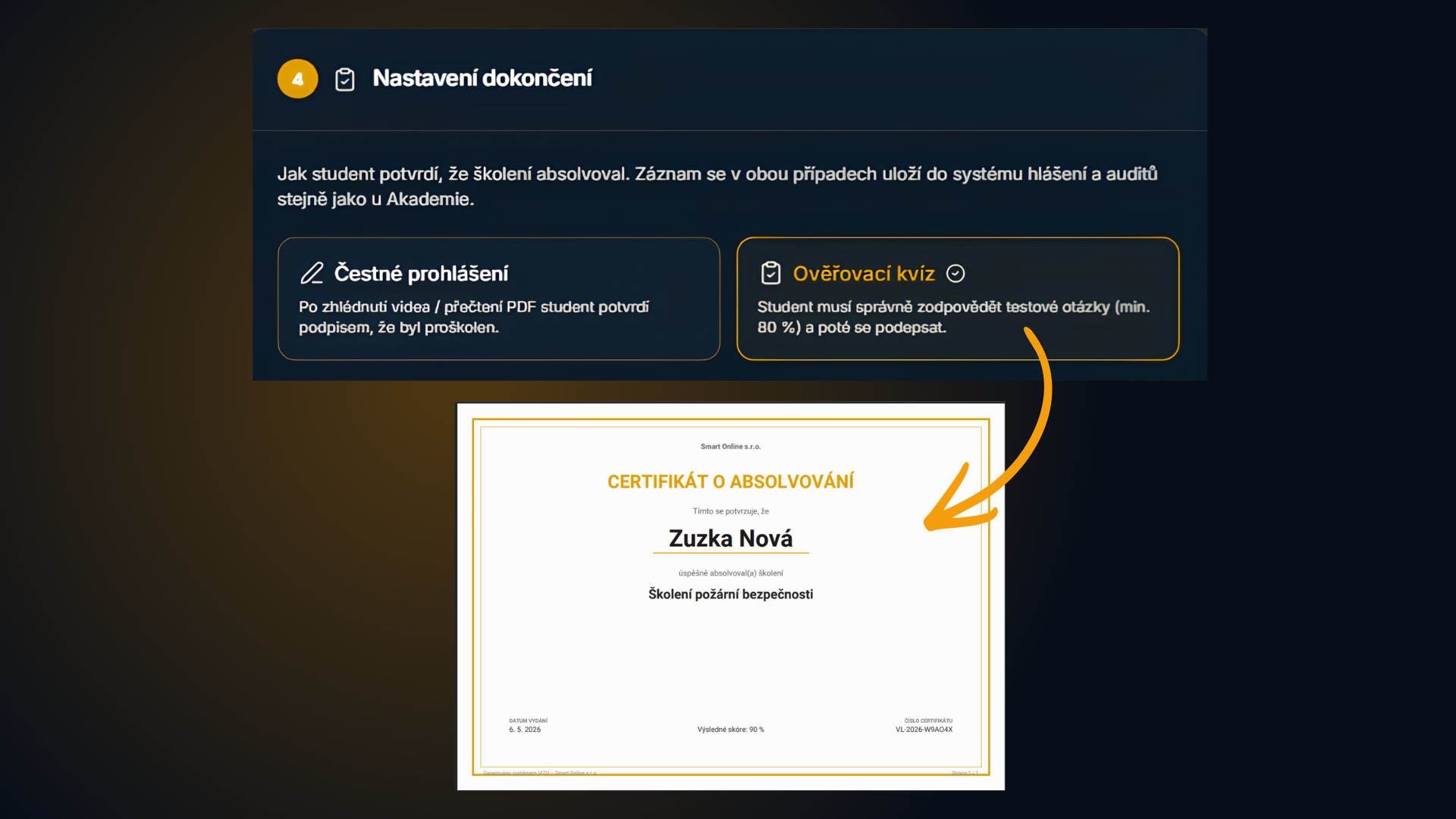 Nastavení dokončení kurzu — čestné prohlášení nebo ověřovací kvíz a certifikát