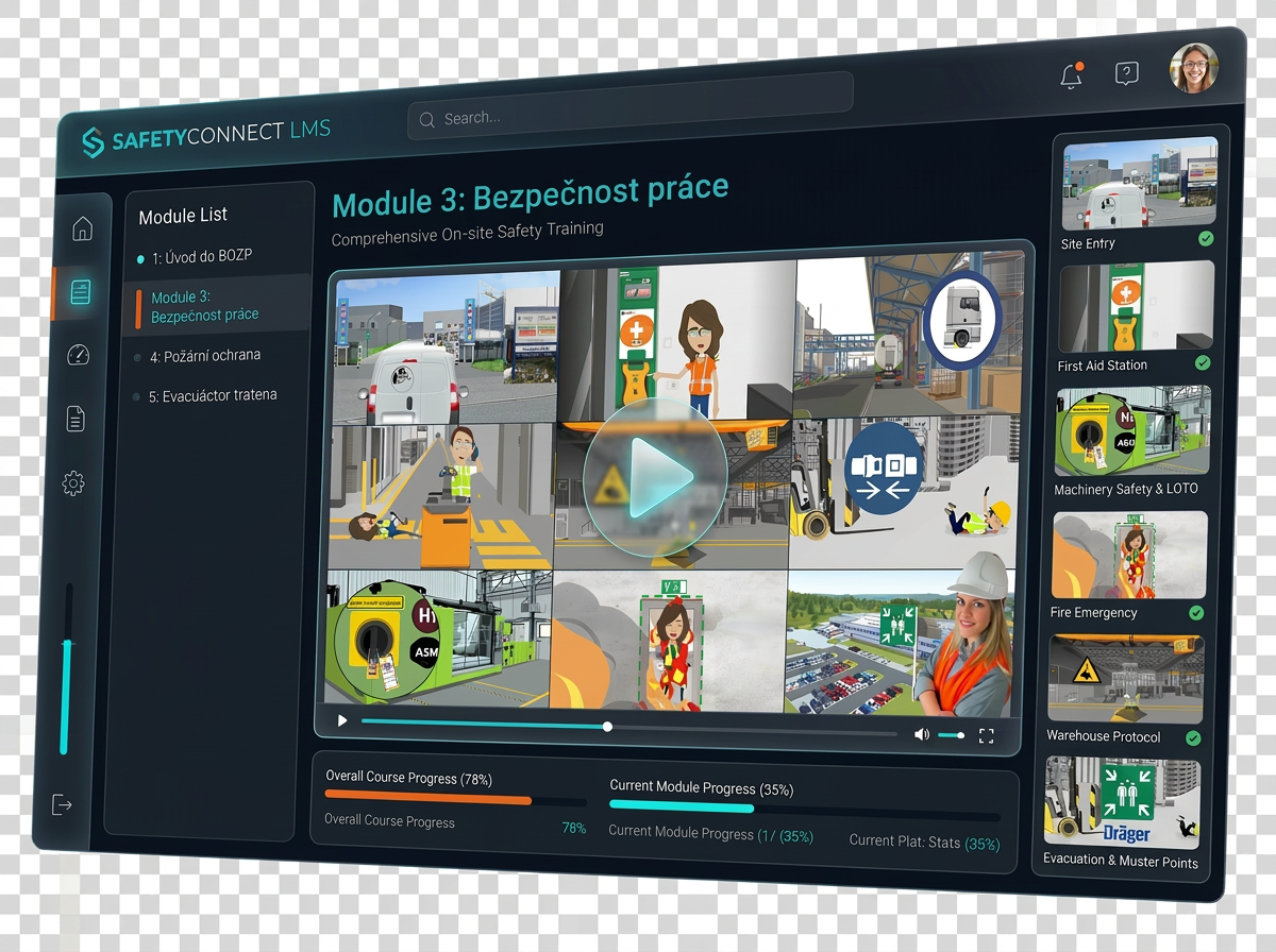 LMS dashboard — modul Bezpečnost práce s animovanými scénami a přehledem progresu
