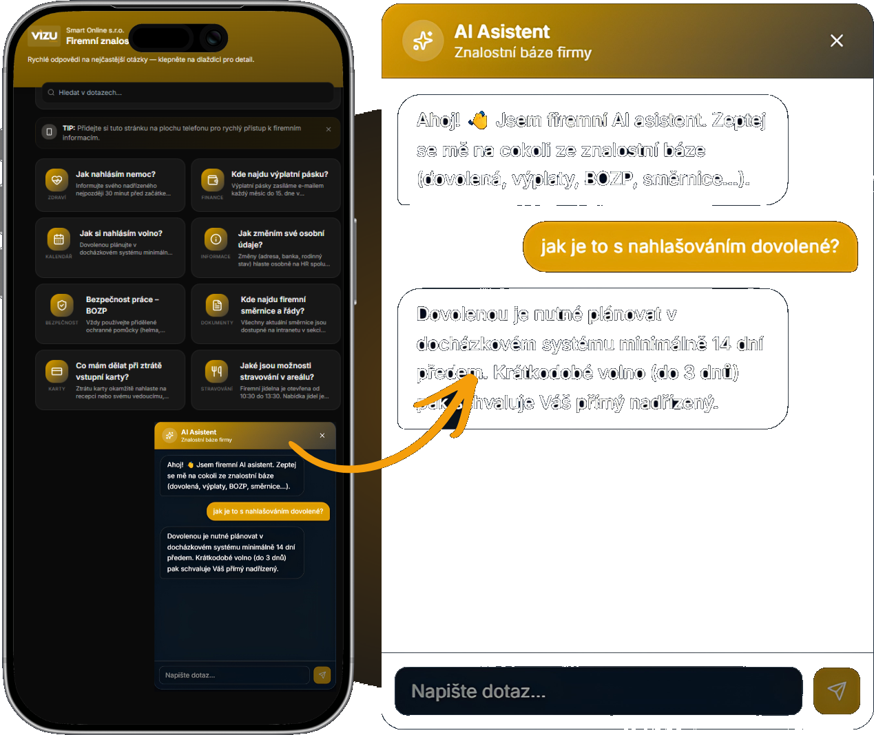 AI asistent znalostní báze odpovídá zaměstnanci na dotaz
